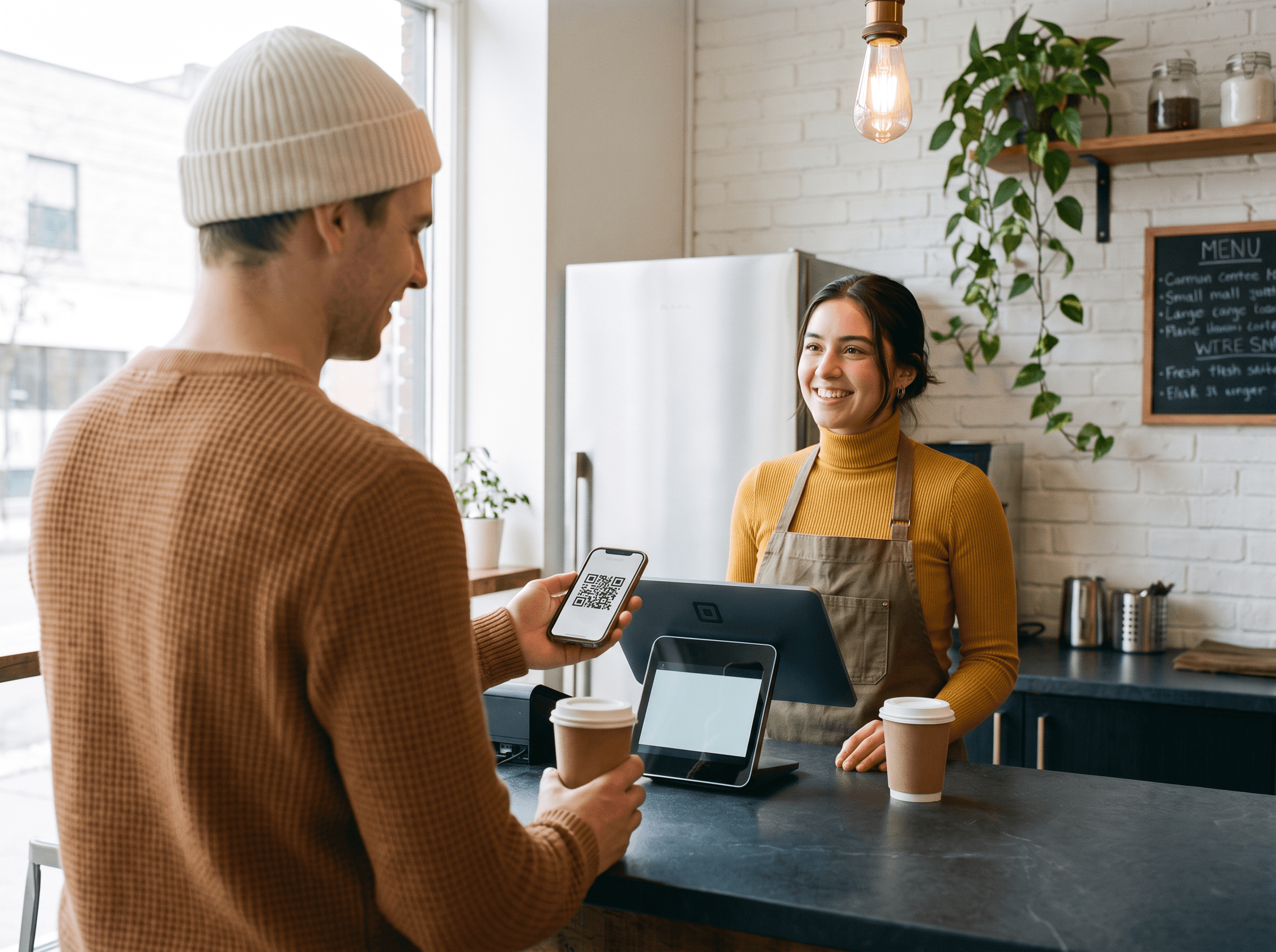Cliente a ler um código QR com o telemóvel ao balcão de um café, enquanto é atendido